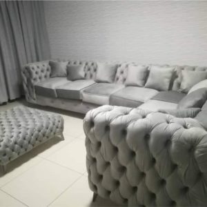 L SHAPED CHESTERFIELD  COUCH & OTTOMAN